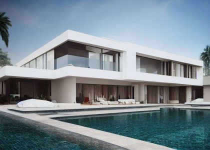 Luxury pool villa spectacular contemporary design digital art real estate , home, house and property, Generative AI illustration.